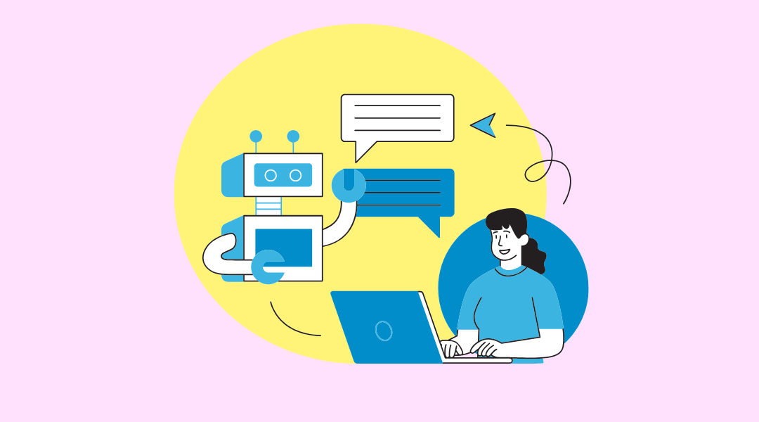 Eine Frau als Comicfigur sitzt an einem Laptop und gibt einen Chatbot per Nachrichten Answeisungen. Der Chatbot wird als Comic-Roboter abgebildet und gibt in Form einer Nachricht auch eine Antwort. Die Farben sind in blau, rosa und hellgelb gehalten.