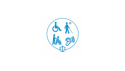 Verschiedene Symbole die auf eine Behinderung hinweisen in einem Kreis, darunter eine Gesetzeswaage